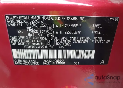 2015 Toyota Rav4 Limited from USA, damaged, VIN 2T3YFREV4FW234320